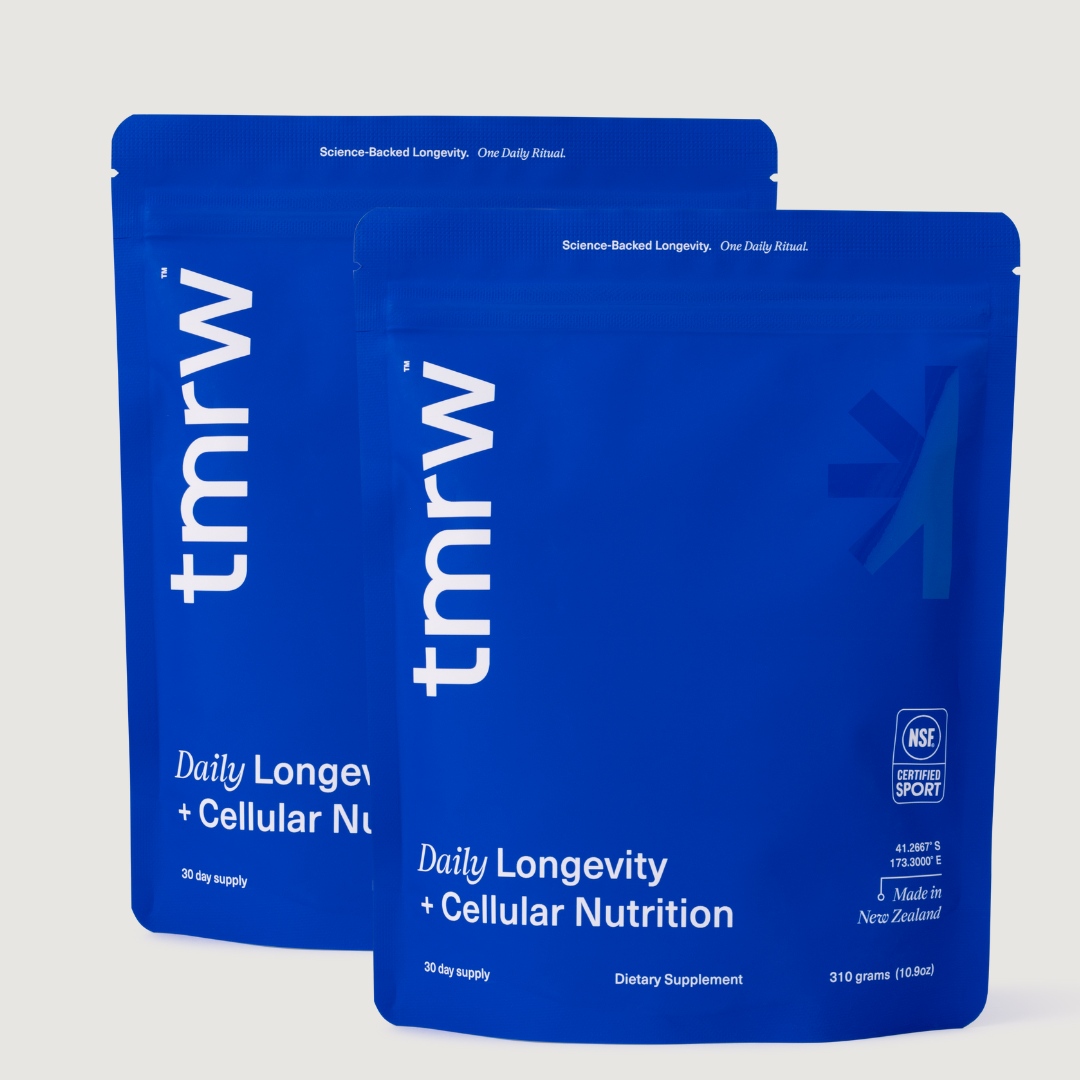 Tmrw longevity powder pouch — two person subscription delivering 88 ingredients for daily anti-ageing and cellular nutrition