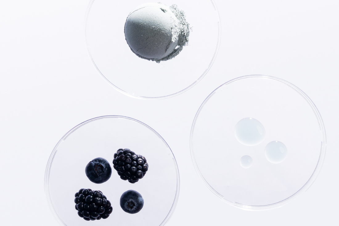 Three clear dishes containing grey powder, blueberries and blackberries, and translucent liquid droplets.