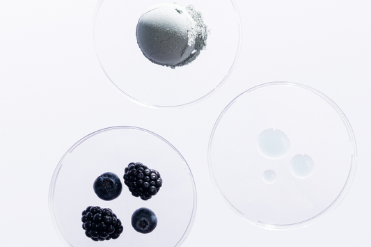 Three clear dishes containing grey powder, blueberries and blackberries, and translucent liquid droplets.